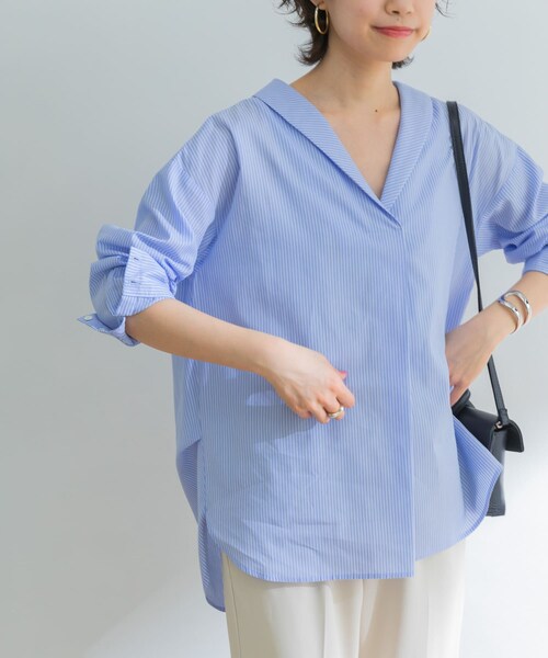 URBAN RESEARCH ID(アーバンリサーチ アイディー)の「設計領正面打褶襯衫(トップス・レディース・淺灰色/黃色/條紋・FREE)」の4枚目の写真