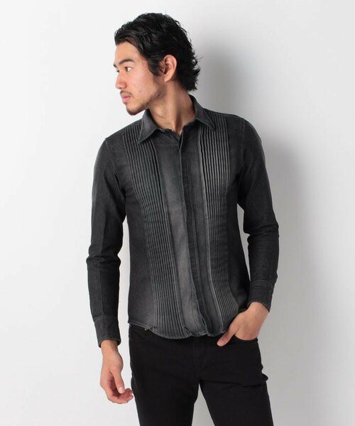 MORGAN　HOMME　長袖シャツ　ブルーu0026ブラック　Ｌサイズ内側ブルー生地