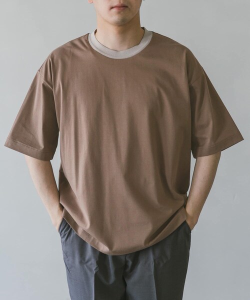 STILL BY HAND ドロップショルダー襟ニット配色Tシャツ