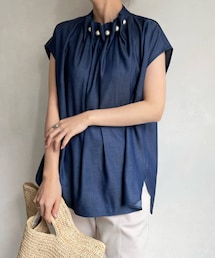 DouDou | 【WEB限定】デニムBIGパールネック半袖ブラウス(シャツ/ブラウス)