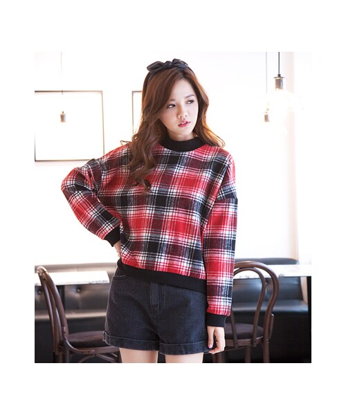 gracegift（グレースギフト）の「英倫街頭 韓國毛料感格紋上衣（トップス・レディース・藍/紅・F）」の7枚目の写真