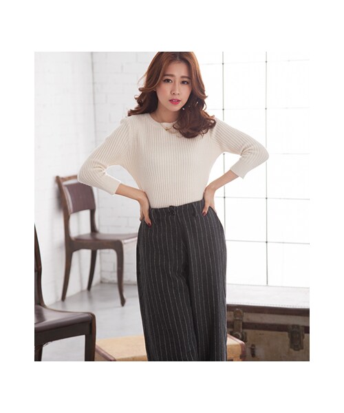 gracegift（グレースギフト）の「歐美名模 韓國條紋毛料寬褲（パンツ・レディース・灰・F）」の5枚目の写真