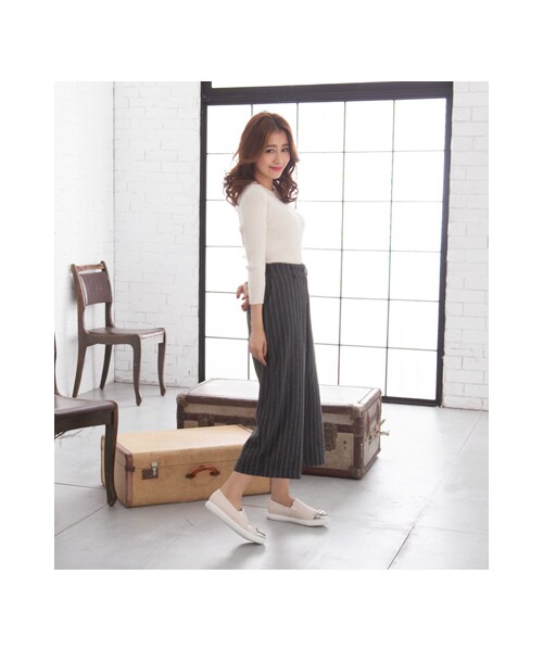 gracegift（グレースギフト）の「歐美名模 韓國條紋毛料寬褲（パンツ・レディース・灰・F）」の4枚目の写真