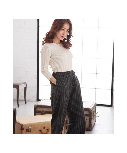 gracegift（グレースギフト）の「歐美名模 韓國條紋毛料寬褲（パンツ・レディース・灰・F）」の6枚目の写真