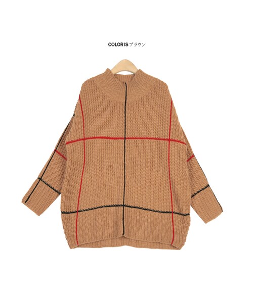 STYLENANDA（スタイルナンダ）の「ラインポイントプチハイネックオーバーサイズニット（トップス・レディース・ブラウン/アイボリー・フリーサイズ）」の15枚目の写真