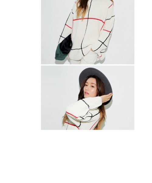 STYLENANDA（スタイルナンダ）の「ラインポイントプチハイネックオーバーサイズニット（トップス・レディース・ブラウン/アイボリー・フリーサイズ）」の7枚目の写真