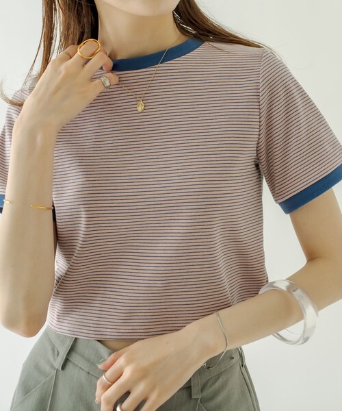 mystic(ミスティック)の「ボーダーリンガーTシャツ(Tシャツ/カットソー・レディース・オフホワイト/グリーン/ネイビー/ピンク・F)」の1枚目の写真