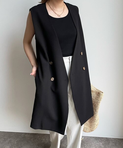 DouDou（ドゥドゥ）の「ノーカラーロングジレ（ベスト・レディース・ライトベージュ/ブラック・F）」の2枚目の写真