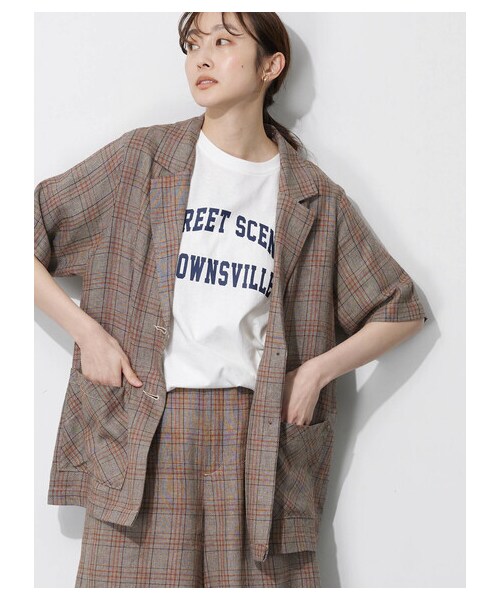 Green Parks(グリーンパークス)の「ベルギーリネン混 ジャケット(ジャケット/アウター・ダークグレー/ライトベージュ/チェックブラウン・F)」の1枚目の写真