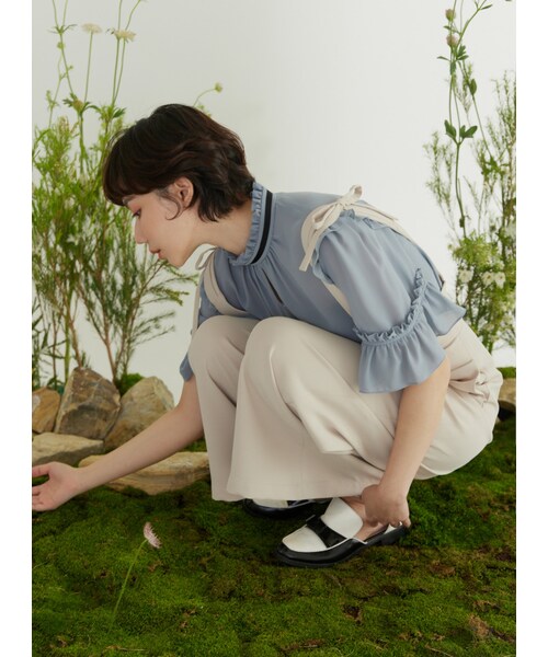 Marjorie（マージョリー）の「象群的簇擁，特色金屬拉鍊蝴蝶結吊帶褲（パンツ・レディース・藍/杏・XS/S/M/L）」の12枚目の写真