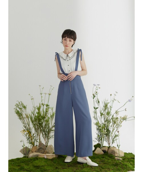 Marjorie（マージョリー）の「象群的簇擁，特色金屬拉鍊蝴蝶結吊帶褲（パンツ・レディース・藍/杏・XS/S/M/L）」の2枚目の写真