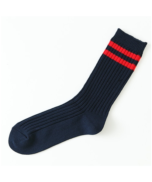 靴下屋（クツシタヤ）の「2本ラインリブソックス（ソックス・靴下・レディース・オフホワイト/グレー/クロ+オフライン/チャコールモク/アカ+カラシライン/ダークグリーン+コンライン/コン+アカライン・22.0～24.0cm）」の7枚目の写真