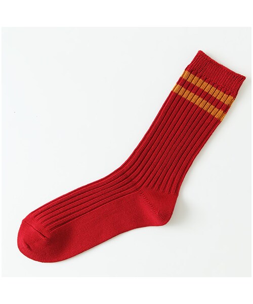 靴下屋（クツシタヤ）の「2本ラインリブソックス（ソックス・靴下・レディース・オフホワイト/グレー/クロ+オフライン/チャコールモク/アカ+カラシライン/ダークグリーン+コンライン/コン+アカライン・22.0～24.0cm）」の6枚目の写真