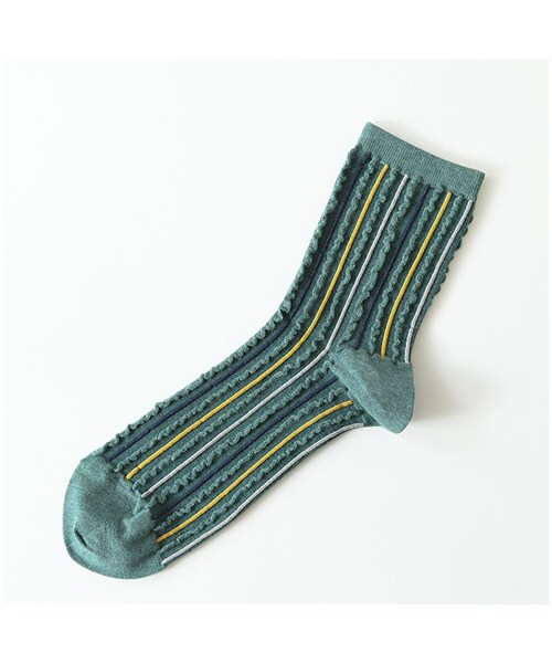 靴下屋（クツシタヤ）の「フリルストライプ柄ソックス（ソックス・靴下・レディース・キナリ/シルバーグレー/チャコールモク/ワイン/エメラルドグリーン/インディゴブルー・22.0～24.0cm）」の4枚目の写真