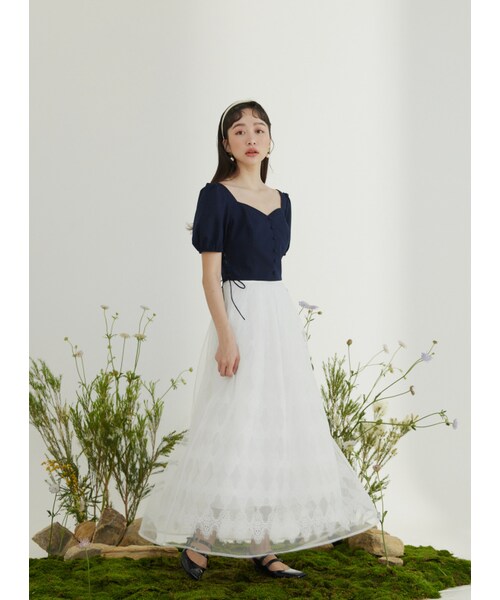 Marjorie（マージョリー）の「荒蕪的盡頭，桃心領側綁帶澎袖短上衣（トップス・レディース・深藍/白・S/M）」の14枚目の写真