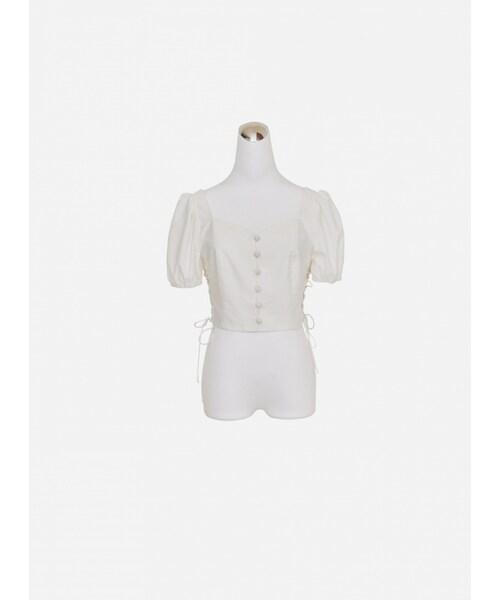 Marjorie（マージョリー）の「荒蕪的盡頭，桃心領側綁帶澎袖短上衣（トップス・レディース・深藍/白・S/M）」の9枚目の写真