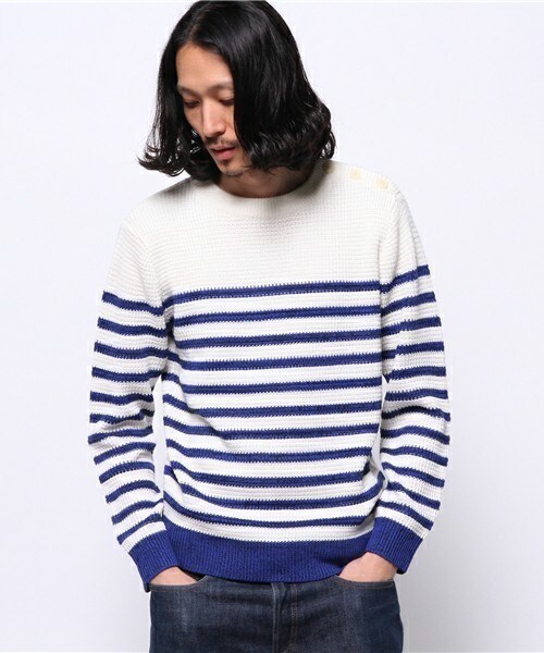 FREDY&GLOSTER（フレディアンドグロスター）の「肩釦パネルプルオーバーニット <Men's JOKER/Fine掲載>（ニット/セーター・メンズ・ホワイト系その他/ネイビー/ホワイト×ネイビー・MEDIUM/LARGE/X-LARGE）」の2枚目の写真
