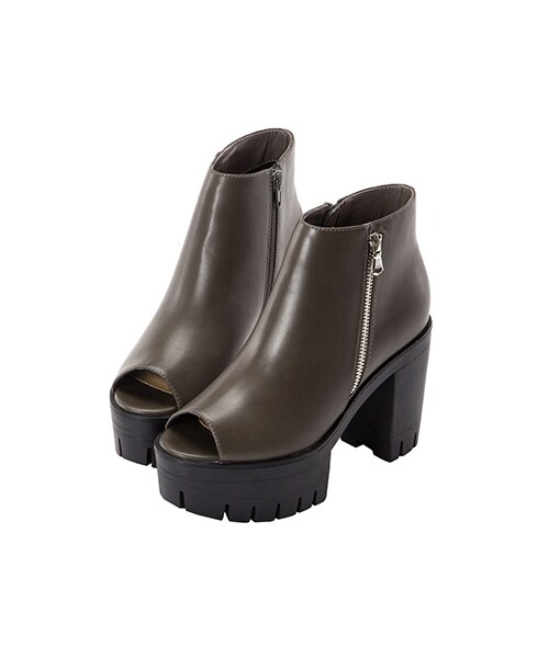 gracegift(グレースギフト)の「魚口拉鍊厚底踝靴(シューズ・レディース・灰褐/黑・35/36/37/38/39/40/41)」の1枚目の写真