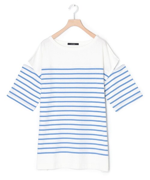 w closet（ダブルクローゼット）の「★先行予約★ショルダースリット切替パネルボーダーＴシャツ【5月下旬入荷】（トップス・レディース・オフ/クロ/シロ/ピンク/オフ/ブルー/ピンク/サックス/ブルーオレンジ/クロ/オフ・FREE）」の9枚目の写真
