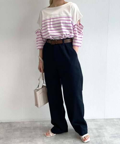 w closet（ダブルクローゼット）の「★先行予約★ショルダースリット切替パネルボーダーＴシャツ【5月下旬入荷】（トップス・レディース・オフ/クロ/シロ/ピンク/オフ/ブルー/ピンク/サックス/ブルーオレンジ/クロ/オフ・FREE）」の18枚目の写真