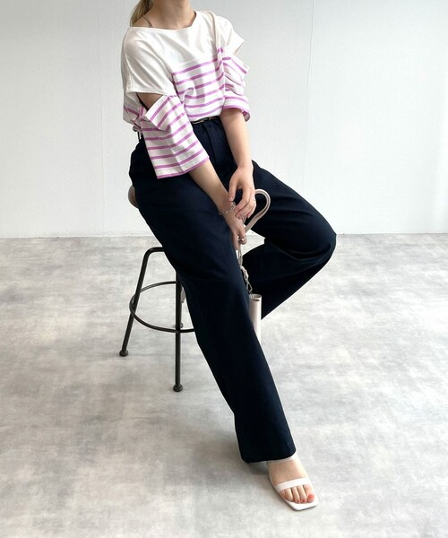 w closet（ダブルクローゼット）の「★先行予約★ショルダースリット切替パネルボーダーＴシャツ【5月下旬入荷】（トップス・レディース・オフ/クロ/シロ/ピンク/オフ/ブルー/ピンク/サックス/ブルーオレンジ/クロ/オフ・FREE）」の19枚目の写真