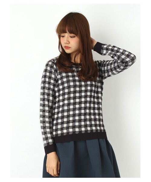 earth music&ecology（アースミュージックアンドエコロジー）の「・チェックニットプルオーバー（ニット・セーター・レディース・ブラック/ライトピンク/サックスブルー/ネイビー・S/M）」の10枚目の写真