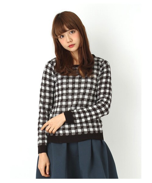 earth music&ecology（アースミュージックアンドエコロジー）の「・チェックニットプルオーバー（ニット・セーター・レディース・ブラック/ライトピンク/サックスブルー/ネイビー・S/M）」の7枚目の写真
