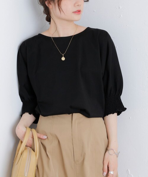 PUAL CE CIN(ピュアルセシン)の「シルケット袖シャーリングTシャツ(Tシャツ/カットソー・レディース・ピンク/ブルー/グリーン/ブラック・FREE)」の2枚目の写真