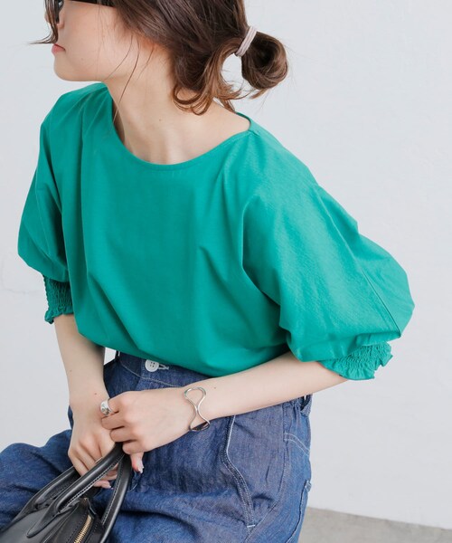 PUAL CE CIN(ピュアルセシン)の「シルケット袖シャーリングTシャツ(Tシャツ/カットソー・レディース・ピンク/ブルー/グリーン/ブラック・FREE)」の3枚目の写真