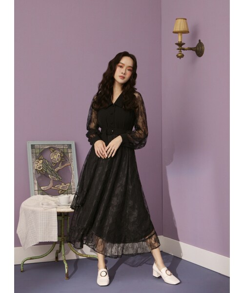 Marjorie（マージョリー）の「感官世界，蕾絲雕花不規則層次長裙（スカート・レディース・黑・XS/S/M/L）」の4枚目の写真