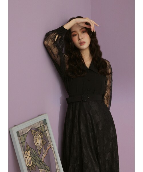 Marjorie（マージョリー）の「感官世界，蕾絲雕花不規則層次長裙（スカート・レディース・黑・XS/S/M/L）」の2枚目の写真
