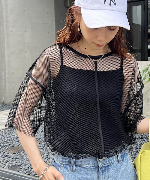 DISCOAT（ディスコート）の「【前後2WAY】メッシュプルオーバー（Tシャツ/カットソー・レディース・アイボリー/グリーン/ブラック・F）」の2枚目の写真