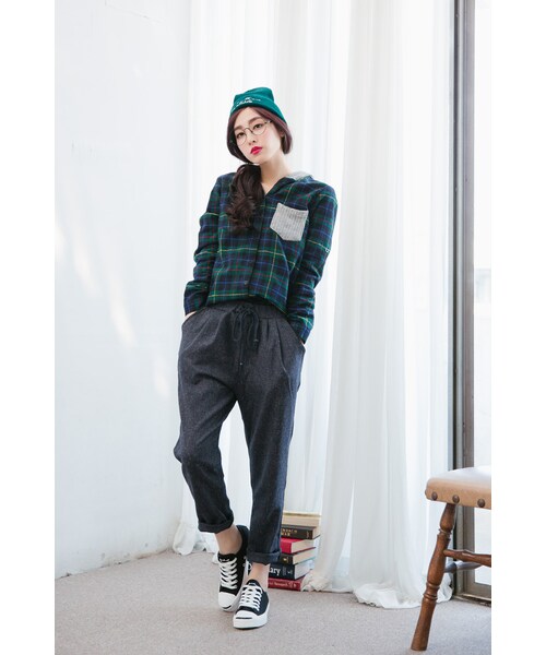 ORENDA（オレンダ）の「針織混搭連帽格紋襯衫（トップス・レディース・紅格/綠格・F）」の9枚目の写真