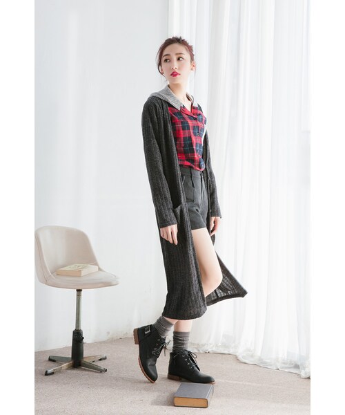 ORENDA（オレンダ）の「針織混搭連帽格紋襯衫（トップス・レディース・紅格/綠格・F）」の4枚目の写真