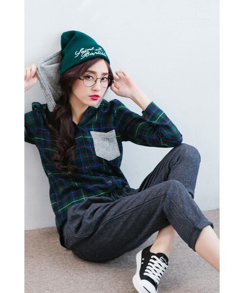 ORENDA（オレンダ）の「針織混搭連帽格紋襯衫（トップス・レディース・紅格/綠格・F）」の12枚目の写真