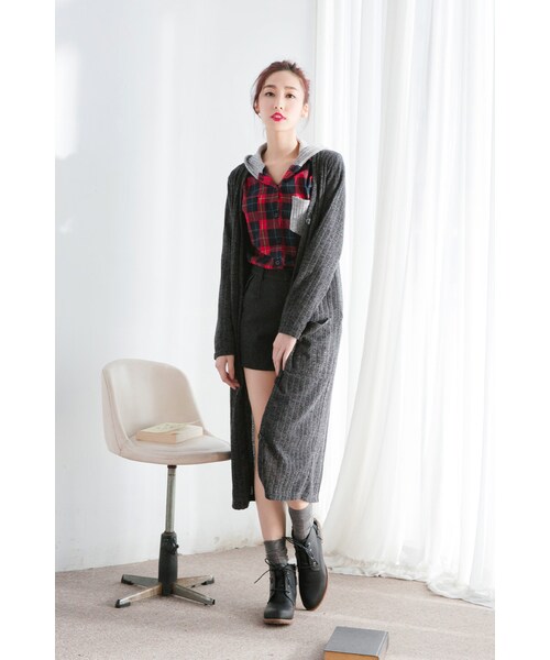 ORENDA（オレンダ）の「針織混搭連帽格紋襯衫（トップス・レディース・紅格/綠格・F）」の3枚目の写真