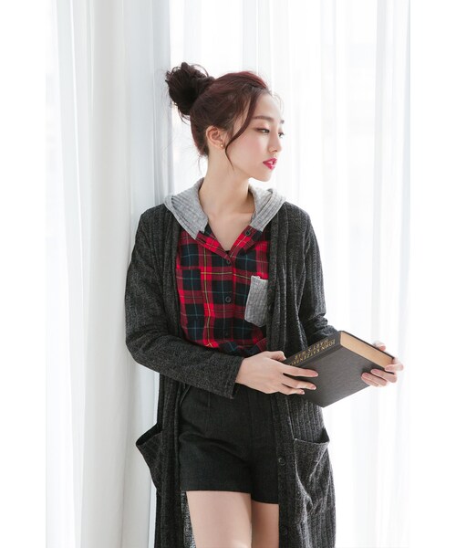 ORENDA（オレンダ）の「針織混搭連帽格紋襯衫（トップス・レディース・紅格/綠格・F）」の6枚目の写真