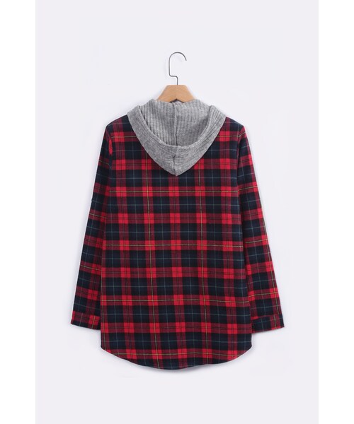 ORENDA（オレンダ）の「針織混搭連帽格紋襯衫（トップス・レディース・紅格/綠格・F）」の2枚目の写真