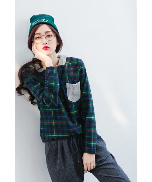 ORENDA（オレンダ）の「針織混搭連帽格紋襯衫（トップス・レディース・紅格/綠格・F）」の10枚目の写真