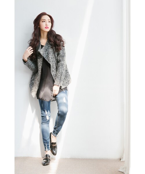 ORENDA（オレンダ）の「就愛耍帥毛圈斜拉鍊騎士外套（ジャケット/アウター・レディース・藍/麻灰・S/M/L/XL）」の11枚目の写真