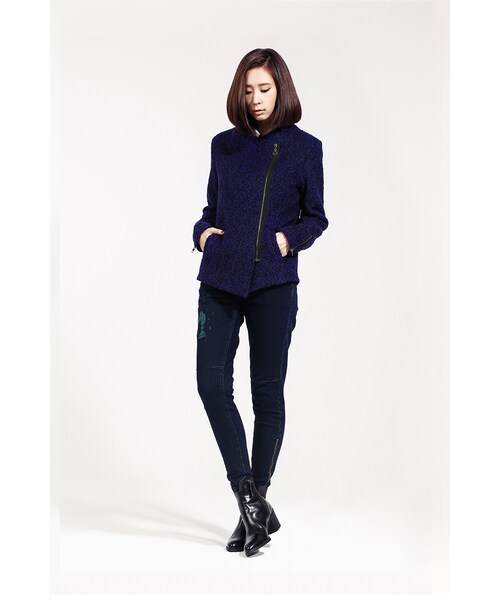 ORENDA（オレンダ）の「就愛耍帥毛圈斜拉鍊騎士外套（ジャケット/アウター・レディース・藍/麻灰・S/M/L/XL）」の2枚目の写真