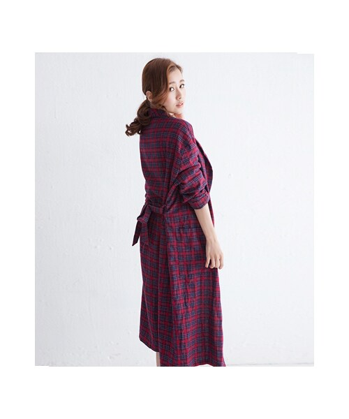 gracegift（グレースギフト）の「秋感復古格紋長版綁結風衣外套（ジャケット/アウター・レディース・紅・F）」の5枚目の写真