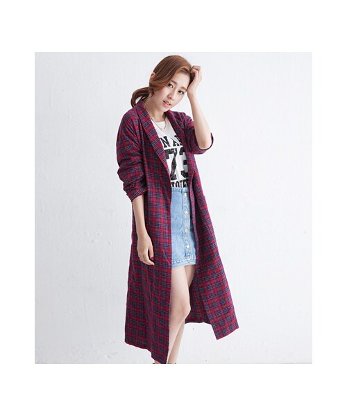 gracegift（グレースギフト）の「秋感復古格紋長版綁結風衣外套（ジャケット/アウター・レディース・紅・F）」の4枚目の写真