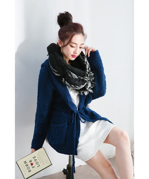 ORENDA（オレンダ）の「連帽抽繩針織外套（ジャケット/アウター・レディース・寶藍/杏色・F）」の4枚目の写真