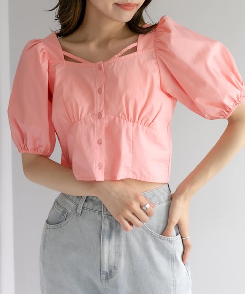 OLIVE des OLIVE（オリーブデオリーブ）の「前開きコンパクトブラウス（シャツ/ブラウス・レディース・オフホワイト/オレンジ/ブラック・FREE）」の2枚目の写真