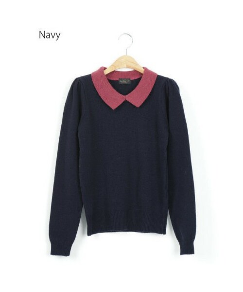 Momo（Momo）の「ガーリーバイカラー・襟付きニットトップス（ニット/セーター・レディース・グレー/ネイビー/アイボリー・フリー）」の3枚目の写真