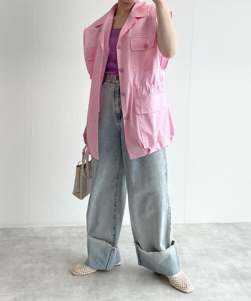 w closet（ダブルクローゼット）の「オープンカラーミリタリーベスト（ジャケット/アウター・レディース・エクリュ/ピンク/Dカーキ/スミクロ/ブラウン(WEB限定)/Lカーキ・FREE）」の18枚目の写真