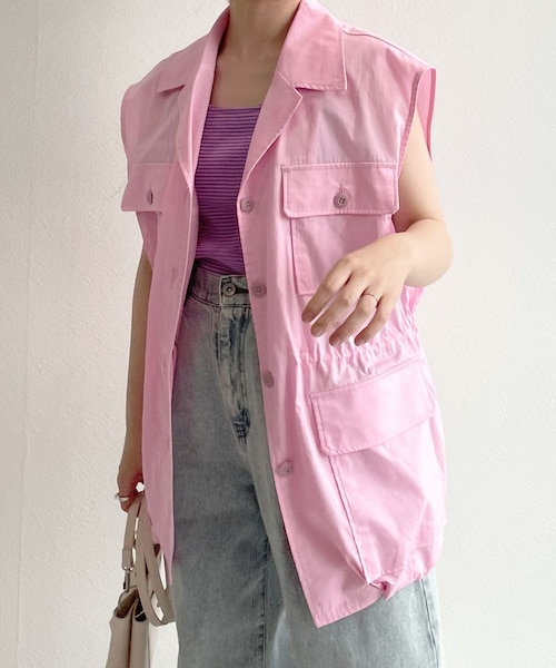 w closet（ダブルクローゼット）の「オープンカラーミリタリーベスト（ジャケット/アウター・レディース・エクリュ/ピンク/Dカーキ/スミクロ/ブラウン(WEB限定)/Lカーキ・FREE）」の2枚目の写真