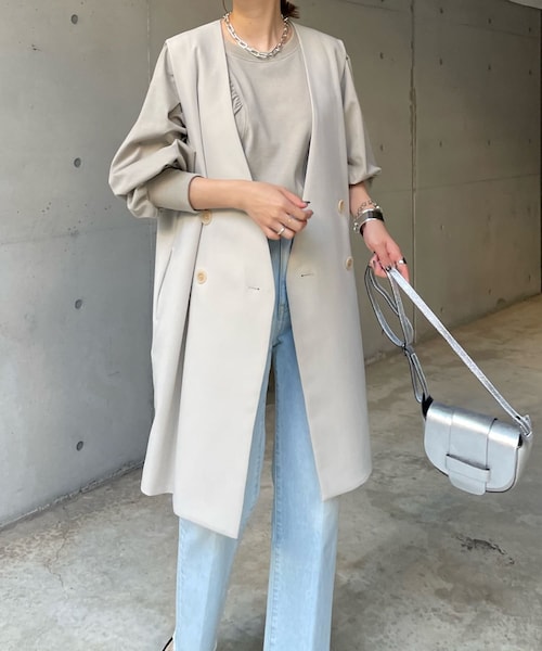 DouDou(ドゥドゥ)の「ノーカラーロングジレ(ベスト・レディース・ベージュ/ブラック/キャメル・F)」の1枚目の写真