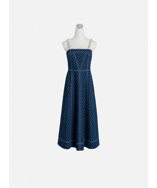 Marjorie（マージョリー）の「月海，珍珠肩帶菱格牛仔長洋裝（ワンピース/ドレス・レディース・牛仔藍・XS/S/M/L）」の7枚目の写真